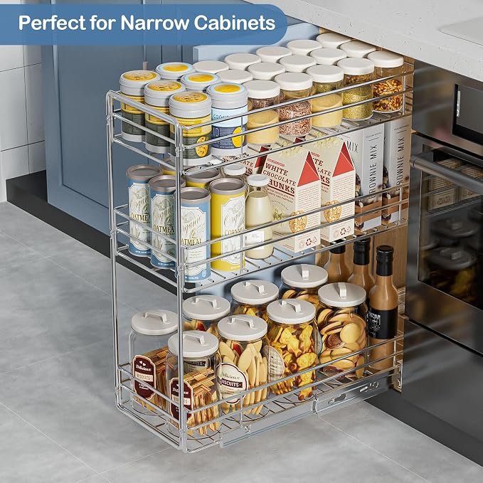 ROOMTEC 3-Tier Pull Out Cabinet Organizer for Narrow Cabinet (8.5" W X 20.5" D), Kitchen Cabinet Organizer and Storage Cabinet Pull Out Shelves Under Cabinet Storage for Kitchen, Chrome - Image 2