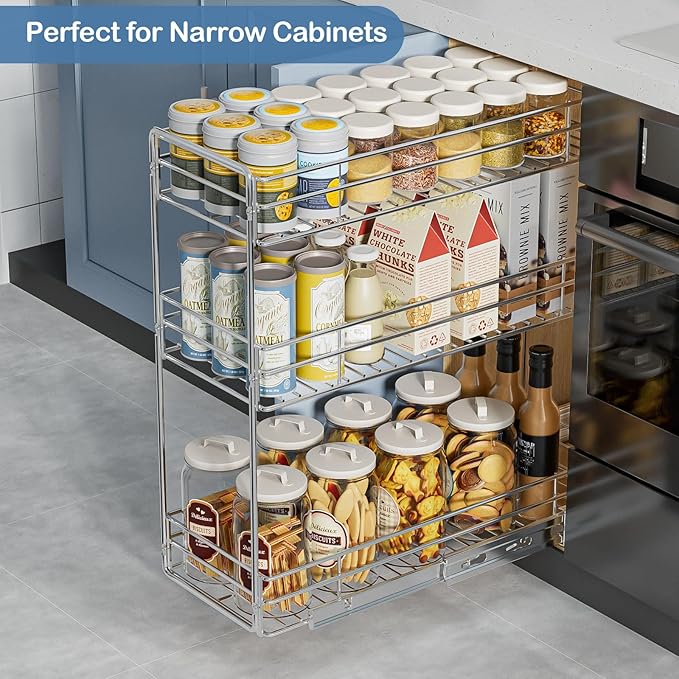 ROOMTEC Pull Out Spice Rack for Narrow Cabinet (8½" W X 20½" D),3 Tier Slide Out Cabinet Organizer and Pull Out Shelves Under Cabinet Storage for Kitchen, Chrome - Image 2