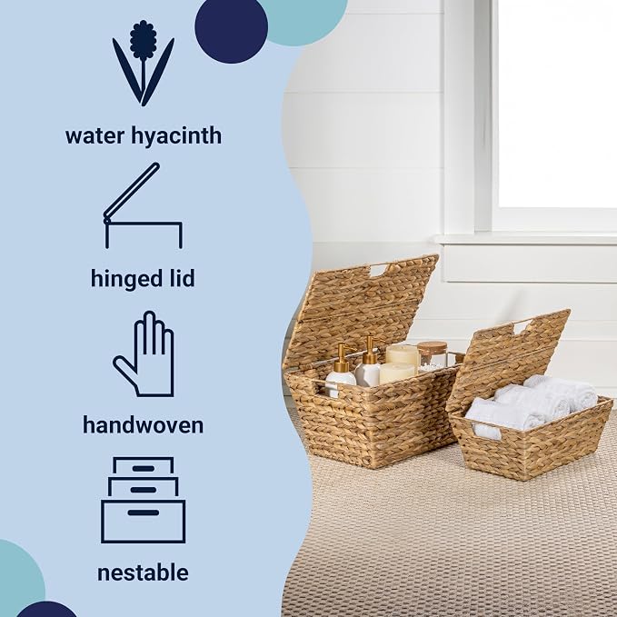 happimess Wilder Hyacinth Storage Baskets with Lids 16", Natural, Set of 2 | Farmhouse Style, Woven Wicker, Built-in Handles, Metal Frame Construction, Nesting For Easy Organization, Rectangular - Image 3