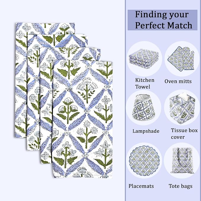 Light Steel Blue Hand Block Print 100% Cotton Napkins 18" x 18" (Set of 4) Reuseable Kitchen Napkins Cloth Decor Dinner Party Wedding Cocktail Gift for Spring, Easter, Summer - Image 4