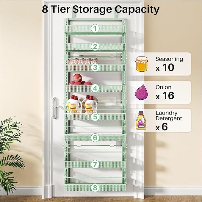 SNTD 8 Tiers Over the Door Organizer, 17" W x 6" D x 69" H, Green | Pantry Door Organizers and Storage, Height Adjustable Spice Rack, Dense Mesh Baskets, Anti-Swing, Adjustable Door Fastener - Image 7