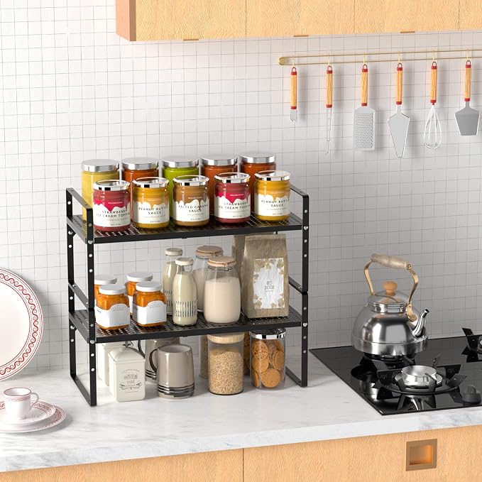 Large Expandable Cabinet Storage Shelf Organizer Rack, Heavy Duty Stackable Steel Metal Spice Rack Adjustable Height Office Pantry Garage Shelves for Counter Kitchen, Black - 1 Pack - Image 4