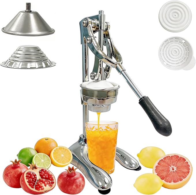 2IN1 Cast Aluminum Manual Citrus Juicer Hand Press,Upgraded of Iron,Funnel Cone in 304 Stainless Steel,H 17.72inch,Orange Lemon Pomegranate Squeezer Machine Heavy Duty,Electroplate Surface(Silver) by Unknown