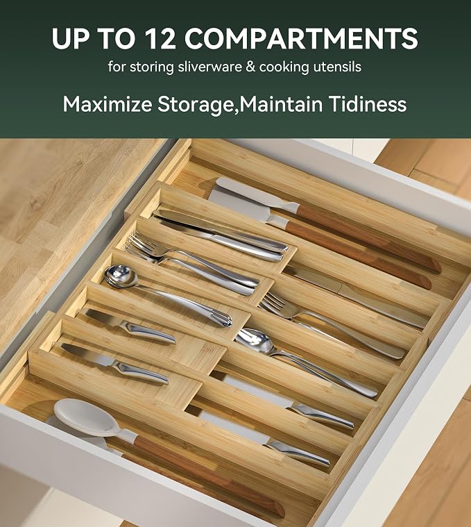 Expandable Silverware Drawer Organizer for Utensil,Bamboo 12 Slot | 13"-20"W x16.7"D x 1.97“H, Vertical Storage,Kitchen Cutlery Tray Dividers for Spoons Forks Knives - Image 3