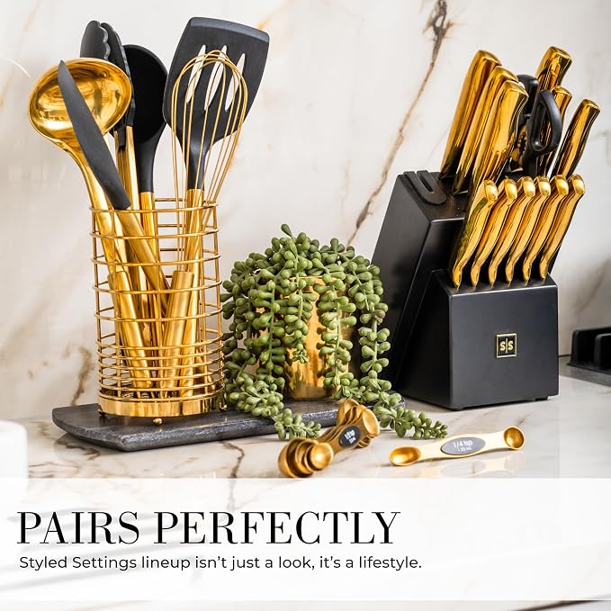 Styled Settings Black and Gold Kitchen Utensils Set, 15-Piece | Nonstick BPA-Free Silicone Coooking Utensils, Gold Utensil Holder, & Magnetic Measuring Spoons - Stylish Kitchen Accessories - Image 6