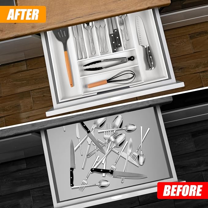 Large Premium Bamboo Silverware Organizer - Expandable Utensil Drawer Organizer - 17"x19.6" Utensil Holder and Cutlery Tray with Grooved for Kitchen Flatware and Utensils(7-9 Slot, White) - Image 3