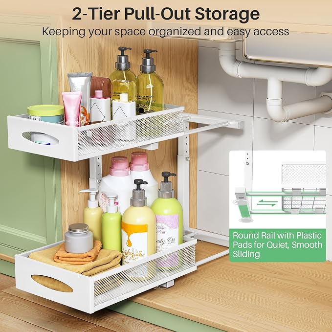 Under Sink Organizer, 2 Pack 2 Tier Pull out Cabinet Organizer Baskets with Mesh Sliding Drawers, Slide out Sink Storage Shelves for Kitchen, Bathroom, Pantry, Cabinet Organizers and Storage(White) - Image 3