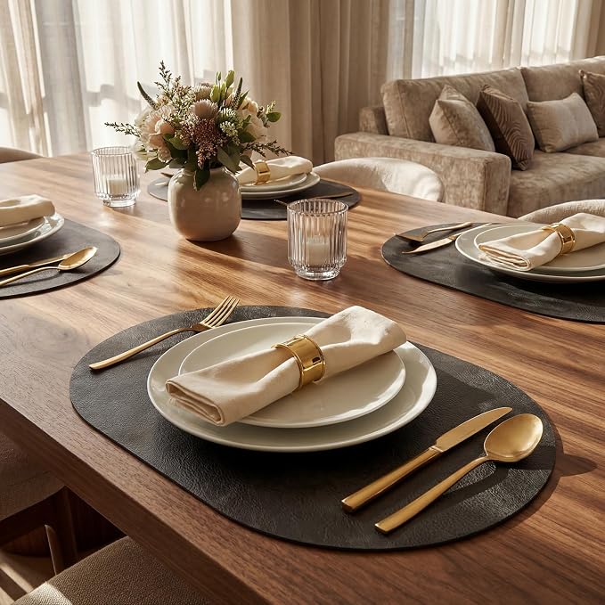 Placemats, Oval Placemats 2mm Ultra Thick Faux Leather Table Mats, Heat Resistant Waterproof Wipeable Dining Mats for Kitchen Table, Set of 8, Classic Grey - Image 5