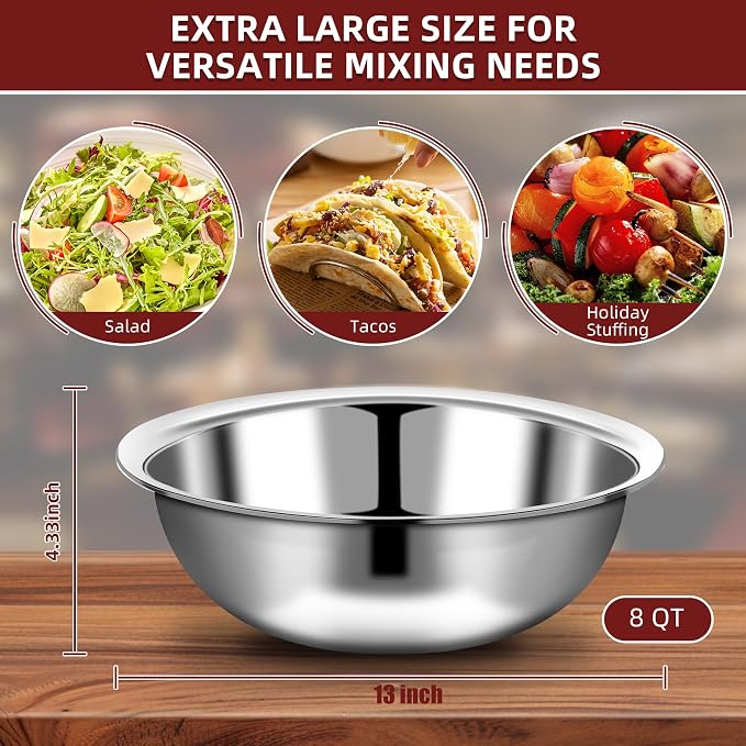 6 Pcs Stainless Steel Mixing Bowls Metal Mixing Bowls Extra Large Basin Salad Bowl with Deeper Edge, Dishwasher Safe, Mirror Finish for Home and Commercial, Silver (13 Inch 7 Qt) - Image 2