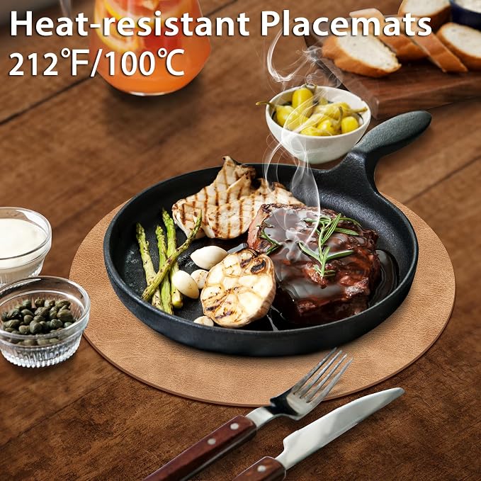 ADRIMER Placemats, Heat Resistant Round Placemats Set of 4 Washable, Waterproof Table Mats, Wipeable Faux Leather Place Mats for Kitchen, Dining Room, Camel - Image 4
