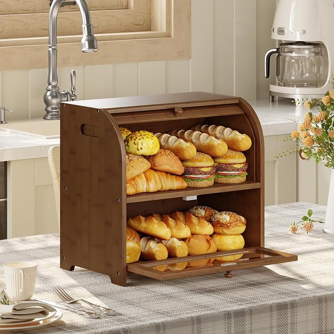 HOOBRO Bread Box, Bamboo Bread Box for Kitchen Countertop, 2 Tier Roll-Top Bread Bin, Food Storage Box, Large Capacity Keeper, Wooden Storage Cabinet, for Kitchen, Dining Room, Brown BR13MB01 - Image 5