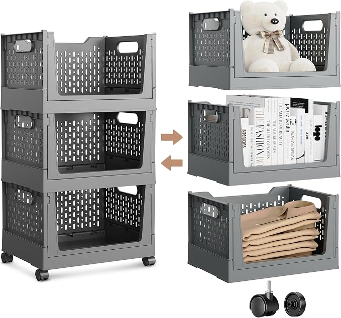 Stackable Storage Bins, Foldable Closet Organizers and Storage Bins Box, Plastic Shelves Drawer Organizer Container for Closet Office Bedroom Kitchen Bathroom with Wheels, Grey, 3 Pack by TRIOSEA