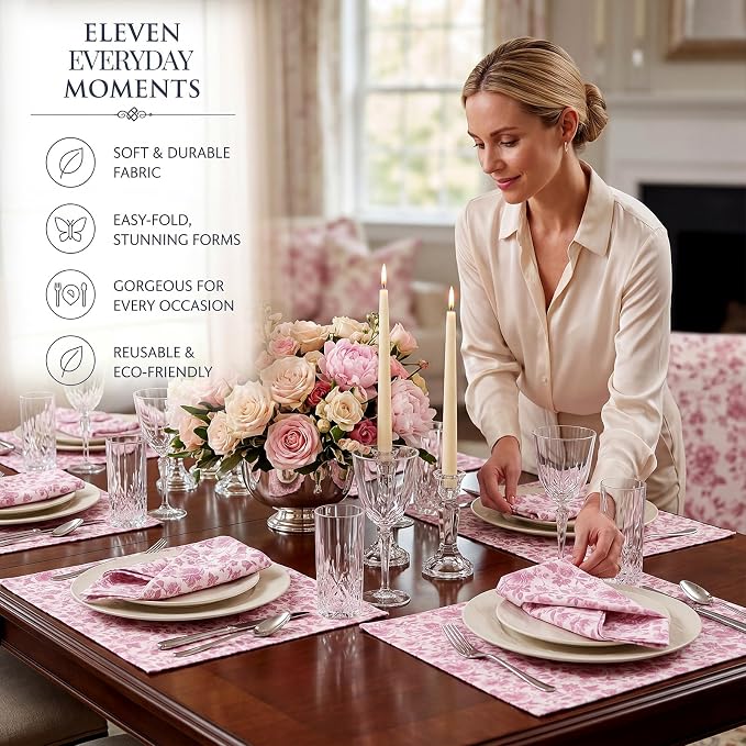 Tegeme 24 Pcs Pink and White Floral Cloth Napkins 15" x 15" Reusable Cotton Napkins, Pink Floral Napkin for Spring Tea Party, Wedding, Catering & Home Decor - Image 5
