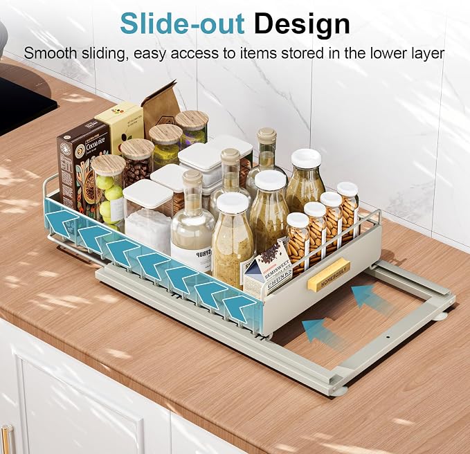 Under Sink Organizer, 2 Pack Pull Out Kitchen Cabinet Organizer, Mute Slide-Out Under Sink Organizers and Storage, Metal Kitchen Bathroom Organizers and Storage Shelves, Grey - Image 3