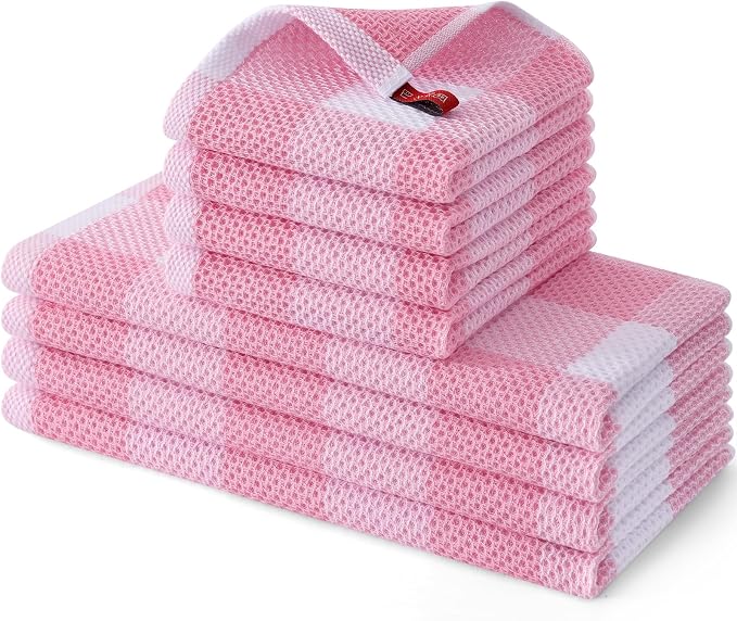 Homaxy Kitchen Towels and Dishcloths Set, Set of 8, White & Pink | Bulk Cotton Waffle Weave Check Plaid Kitchen Towels, Super Soft and Absorbent Dish Cloths, 12 x 12 and 13 x 28 Inches by Homaxy