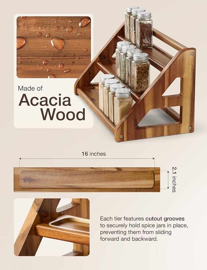 Tinamo Acacia Wood Spice Rack for Countertop - Wooden Tray Holds 24 Jars Spice Racks Organizer for Storage Shelf - 3 Tiered Spice Rack Organizer for Cabinet - Spice Shelf for Kitchen Pantry (Acacia) | Acacia Wood, 3-tier Spacious Design for 24 Spice Ja... - Image 2