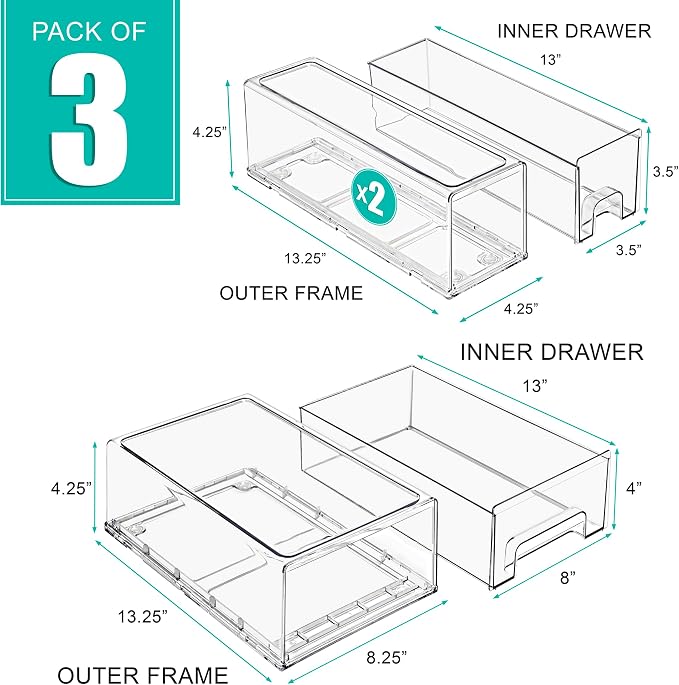 Sorbus 1 Medium & 2 Small Clear Stackable Storage Drawers – Plastic Organizer Bins with Handles – Stackable Pull-Out Storage Drawers for Closet, Pantry, Office, Bathroom, Craft, and Toy Organization - Image 3