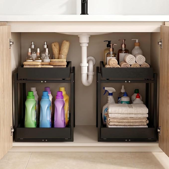 MHXW SXPN Bamboo Under Sink Organizer, 2 Pack Pull Out Cabinet Organizer | 2 Tier Vertical Smooth Slide Out Undersink Storage Shelf | Multi-Purpose Organizer Shelves for Kitchen Bathroom Medicine - Image 5