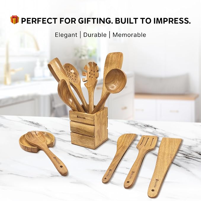 Zalvio 12-Piece Acacia Wood Kitchen Utensil Set – Wooden Spoons with Holder & Spoon Rest | Handmade Cooking Tools in Premium Gift Packaging - Image 5
