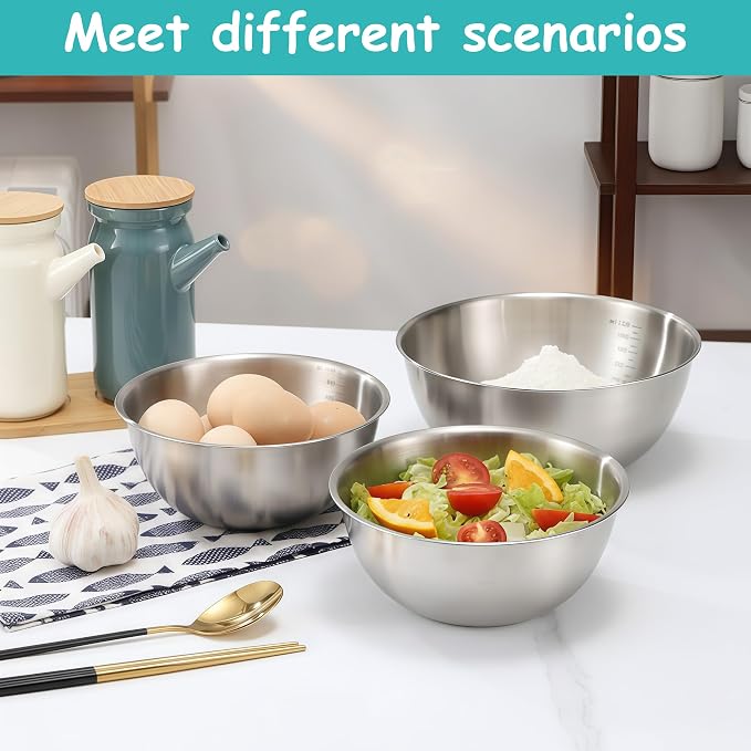 12 Pcs 304 Stainless Steel Mixing Bowls with Graduations, Metal Serving Salad Bowls, Reusable Baking Food Storage Containers for Baking, Cooking, Making Salads, Soups, Ice Cream, Noodles, cereal - Image 2