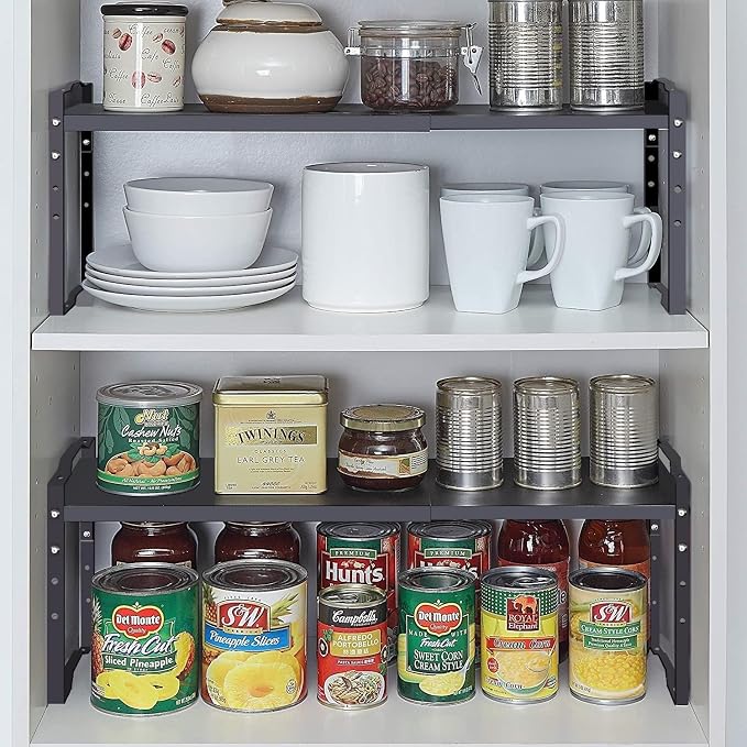 Jojocross Expandable Shelf for Cabinet Organizer Adjustable and Stackable Spice Rack at Kitchen and Bathroom More, Counter Countertop Cupboard Organization Pantry Storage(LARGE/3PACKS/BLACK) - Image 6