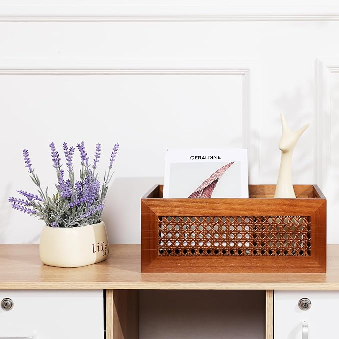 Rattan Wooden Box 15x11x6in Handmade Decorative Storage Basket with Handles | Natural Bamboo Woven Storage Basket Rustic Farmhouse Decor Home Office Tabletop Shelf Drawer Closet Desk Organizer, Brown - Image 2