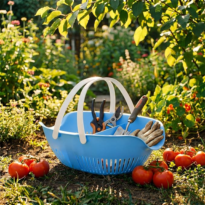 Nuogo 3 Pcs Garden Harvest Basket Removable Partitions with Tool Caddy for Collecting Carrying and Cleaning Harvesting Basket Doubles Colander for Vegetables and Fruits Garden Accessories(Blue) - Image 7