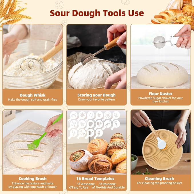 Bread proofing baskets for sourdough 19-Piece Set ，9" Round & 10" Oval Sourdough basket，Sour dough tools，Including bread pull ring, dough mixer,Complete Sour dough starter kit - Image 3