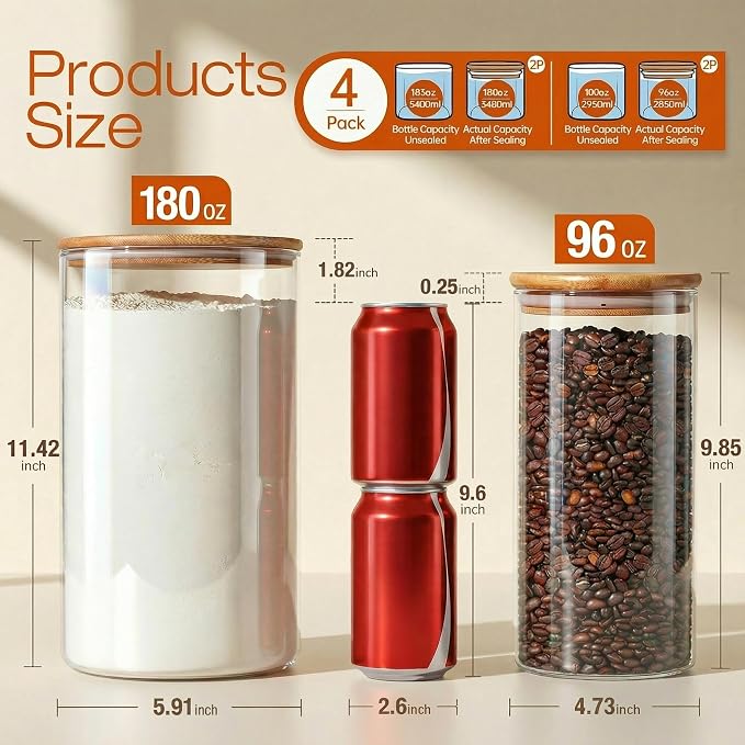 HomArtist Large Glass Flour and Sugar Containers 180oz x2 & 93oz x2 [Set of 4], Glass Food Storage Containers with Bamboo Lids, Glass Jar with Airtight Lid for Spaghetti Pasta,Rice,Cereal,Coffee, Oat - Image 3