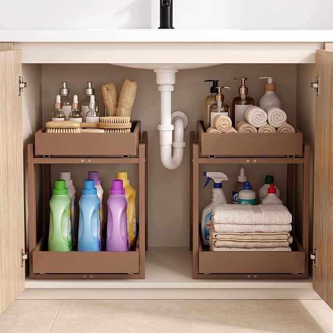 MHXW SXPN Bamboo Under Sink Organizer, 2 Pack Pull Out Cabinet Organizer | 2 Tier Vertical Smooth Slide Out Undersink Storage Shelf | Multi-Purpose Organizer Shelves for Kitchen Bathroom Medicine - Image 5