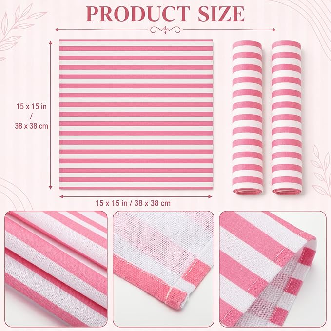 Funnymoom 12 Pcs Pink and White Striped Cloth Napkins Reusable Napkins Party Dinner Soft Absorbent for Home Table Decoration Holiday Party Kitchen Supplies - Image 3