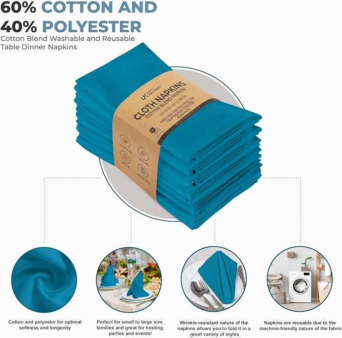 Utopia Kitchen Cotton Blend Teal Cloth Napkins [12 Pack, 18x18 Inch] | Absorbent Washable and Reusable for Dinner, Restaurant, Lunch, Wedding and Hotel - Image 4