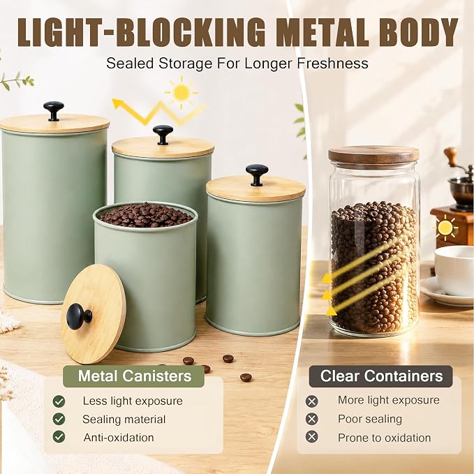 Kitchen Canister Set of 4 Airtight Metal Containers with Bamboo Lids, Green | Flour sugar coffee tea canisters set with bamboo lids, customizable chalkboard labels & marker pen - Image 4