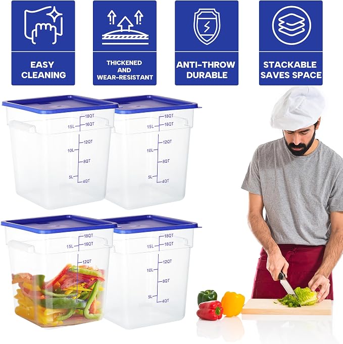 BIEAMA 4 Pack 18 Qt Square Food Storage Containers with Lids, NSF, Clear | Commercial polycarbonate containers with scale markings and handles; stackable for prep, brining, fermentation & bulk storage - Image 4