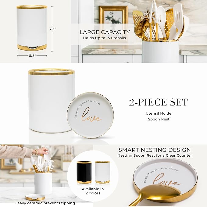 STYLED SETTINGS White and Gold Cooking Utensils Set, 13-Piece | Kitchen Set with White Ceramic Utensil Holder and Stackable Gold Spoon Rest - Luxury Kitchen Accessories for Stylish Cooking - Image 7