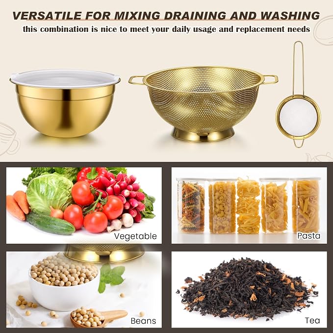 6 Pcs Gold Kitchen Accessories Set Includes 3 Gold Mixing Bowls with Airtight Lids Stainless Steel Colander Grater Slicer and Fine Mesh Strainer(Mixing Bowls: 2.8/3.7/5 Qt, Colander: 4 Qt) - Image 3