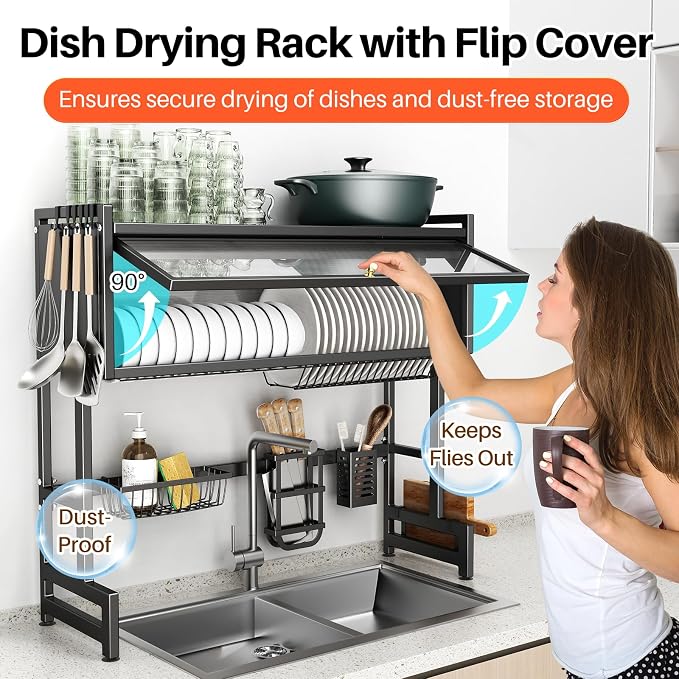 Over The Sink Dish Drainer Drying Rack 3 Tiers with Cover, Keep Kitchen Sink Shlef Organized Space-Saving Dish Drying Rack, Large Stainless Steel Sink Dish Rack for Dishes, Bowls, Cutlery (37.4"w) - Image 3