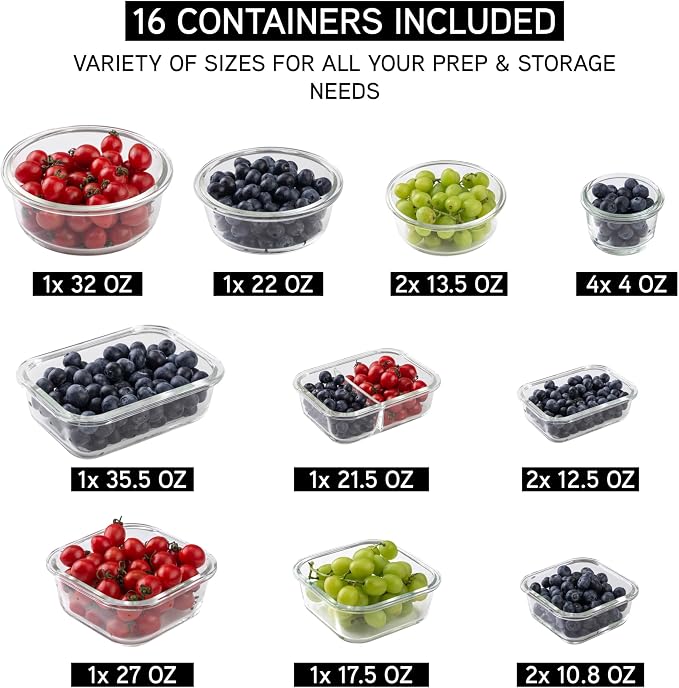 COOK WITH COLOR Premium 32-Pc. Borosilicate Glass Food Container Set with Dividers - 4 Rectangles, 8 Rounds, 4 Squares - Leakproof Lids - Meal Prep, Storage, Ombre Black - Image 3