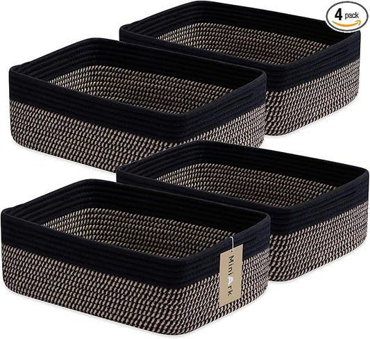 MiniArk Large Shallow Organizing Baskets 15x11x5.1 Inches - Rope Woven Storage Bins for Bathroom, Shelves, Cube Closet, Black Woven Brown 4 Packs by MiniArkStorageBasketsHome