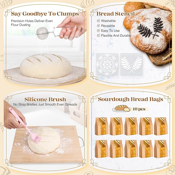 Sourdough Starter Kit Complete Set with Tools, Proofing Baskets, Jars | Pink, 9" Round & 10" Oval Baskets, Sourdough Bread Baking Supplies, Sour dough Beginner Kit Gifts for Bakers Women Wife Mom - Image 3
