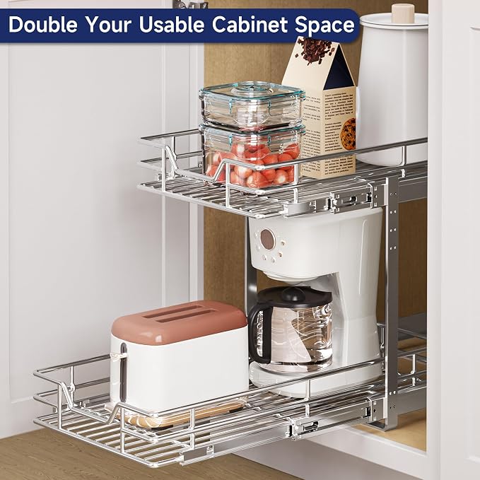 2-Tier Pull Out Cabinet Organizer, 10.5" W x 18" D, Heavy Duty Dual Slide Out Shelves for Narrow Base Cabinets, Chrome Wire Basket Drawer for Spices, Bottles & Snacks - Image 7