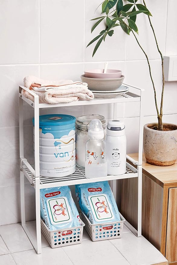 Shantton 2pk Kitchen Cabinet Shelf Counter Organizer Rack Pantry Storage Bathroom Bedroom Office Table Desk Space Saving Steel Frame Stackable Rust Resistant Non Slip White-Tall- L13in W8.3in H9.5in | 2-Pack Stackable Metal Riser Holds 40LBS with Non-S... - Image 8