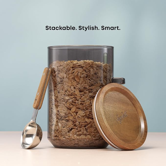 JoyJolt Holden 32oz Stackable Glass Storage Containers with Lids and Scoops, Airtight Food Canister Set of 3 w/Acacia Wood Lids, Round Stacking Pantry and Kitchen Containers w/Scoop | Smoke - Image 8