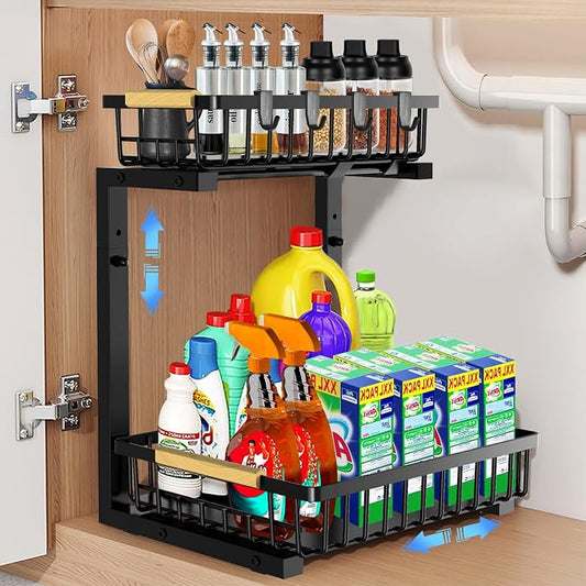 Under Sink Organizer and Storage: 2-Tier Adjustable Height Under Sink Bathroom Organizers Multi-Purpose Bathroom Cabinet Pull Out Drawers for Kitchen with Hooks (Black) by LUWUIDEN