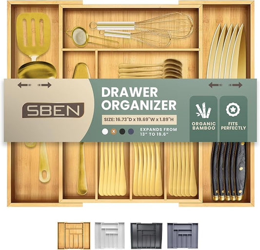 Sben Expandable Drawer Organizer for Utensils Holder, Adjustable Cutlery Tray, 6-8 Slots, Premium Wood Drawer Dividers Organizer for Silverware, Flatware, Knives for Kitchen (Bamboo) by SBEN