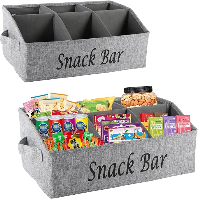 2 Pack Countertop Snack Organizer, Fabric Snack Box Basket with Handles, 6 Compartment Kitchen Cabinet Pantry Organizer and Storage - Grey by Xbopetda