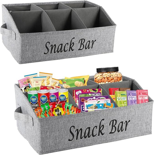 2 Pack Countertop Snack Organizer, Fabric Snack Box Basket with Handles, 6 Compartment Kitchen Cabinet Pantry Organizer and Storage - Grey by Xbopetda