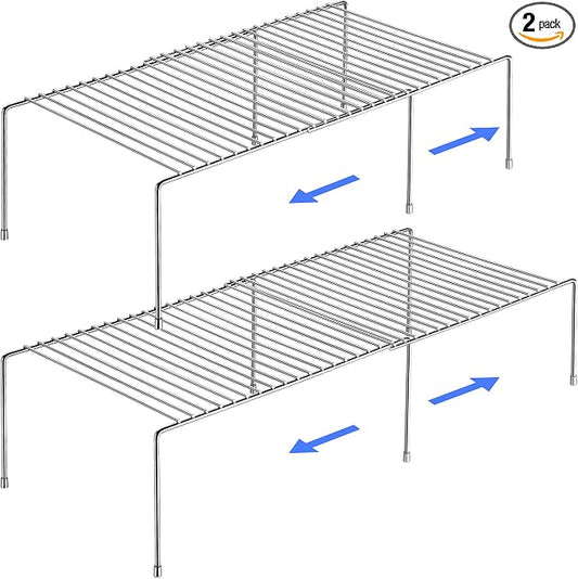 Tomorotec Spice Rack Cabinet Organizer, Expandable Steel, Kitchen, Silver | Stackable Two-Pack Storage Shelves with Anti-Slip Protective Rubber Feet for Pantry or Countertop by Tomorotec