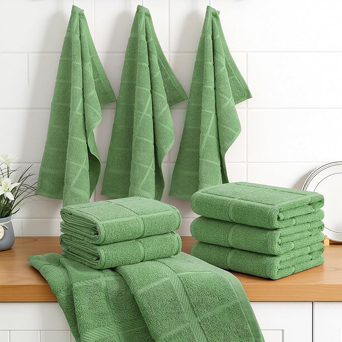 Homaxy 100% Cotton Kitchen Towels 18"x28", 6 Pack Dish Towels, Grass Green | Large 380 GSM Soft and Absorbent Kitchen Hand Towels with Terry Grid Design, Utility Tea Towel Set with Hanging Loop - Image 8