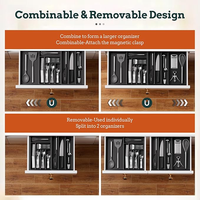 Bamboo Expandable Silverware Drawer Organizer 11 Slots Utensil Holder Black | Magnetic Adjustable Connection, 21-37.4 Inch Telescopic, 11 Divided Compartments, Black Bamboo, Classify All Kitchen Flatware - Image 5